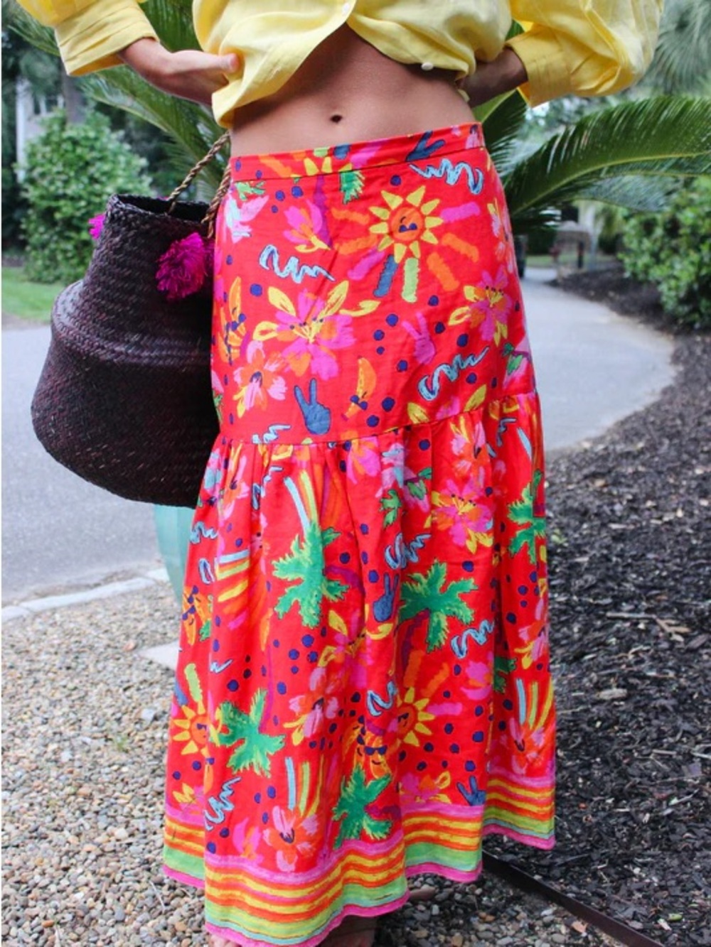 New Maison d'Amelie | Tropical Beach Print Linen Midi Skirt, M